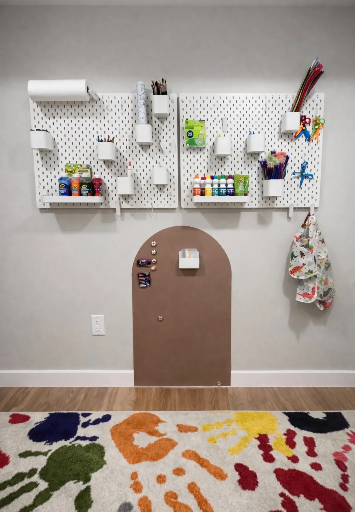 Kids art station with pegboard organizers and magnetic board